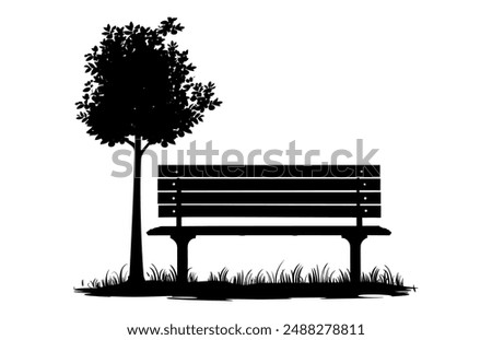 Tree with Bench Silhouette Clipart, Park Bench and tree Vector black Silhouette