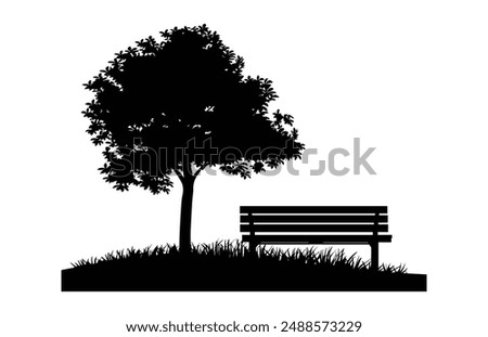 Bench and Tree Silhouette Vector isolated on a white background, A Tree with Park Bench black Silhouette Clipart