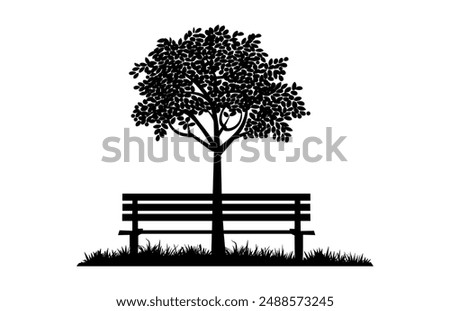 Tree with Bench Silhouette Clipart, Park Bench and tree Vector black Silhouette