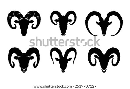 Ram Horn Silhouette Clipart Bundle, Ram Head Vector Black Silhouette Set