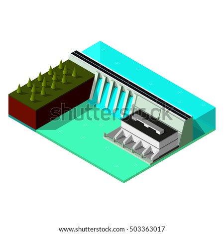 Isometric water power station. Hydroelectric power plant. 3d dam produces electricity. Isometric concept of renewable energy.