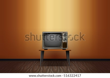 Old-fashioned TV. Vintage black and white television set. Hipster style tv with retro TV stand.