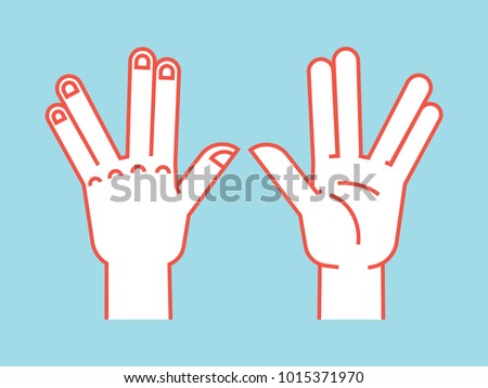 Gesture. Spock sign. Vulcan greet. Stylized hand for geek hand game. Icon. Vector illustration on a blue background. Orange lines and white silhouette. Element for your design.