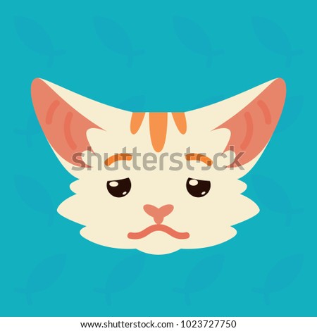 Cat emotional head. Vector illustration of cute kitty shows depressed emotion. Tired emoji. Smiley icon. Print, chat, communication. White cat with red stripes in flat cartoon style on blue background