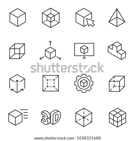 3D modeling icon set, 3-dimensional model, thin line design. Line with Editable stroke