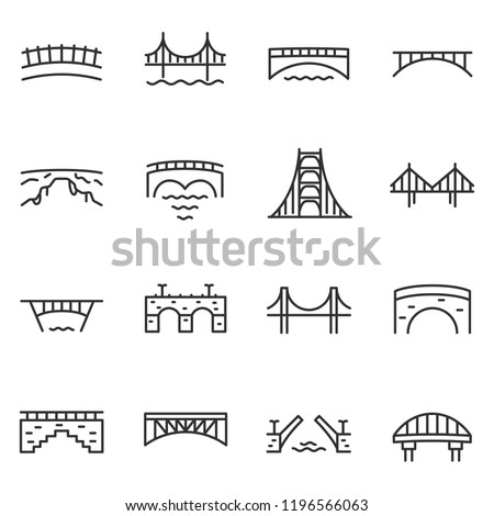 Bridge, icon set. Various bridges, linear icons. Line with editable stroke