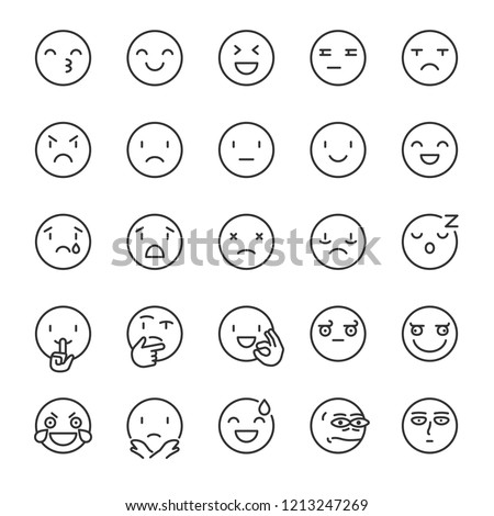 Emoji, icon set. Smile, linear icons. Includes positive, negative emotions and such as refusal, silence, thinking etc. Line with editable stroke