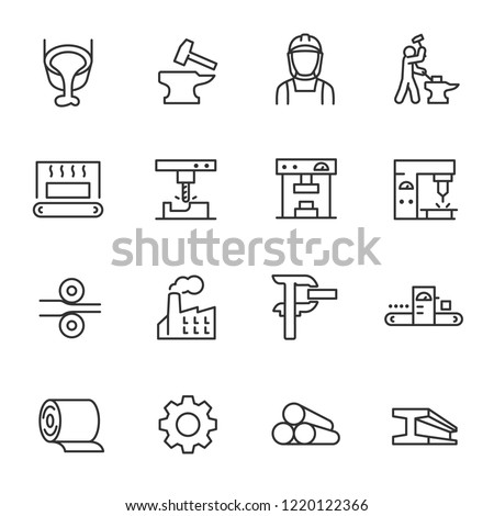 Metallurgy, icon set. Metal production industry, linear icons. Machining and fabrication steel products. Line with editable stroke