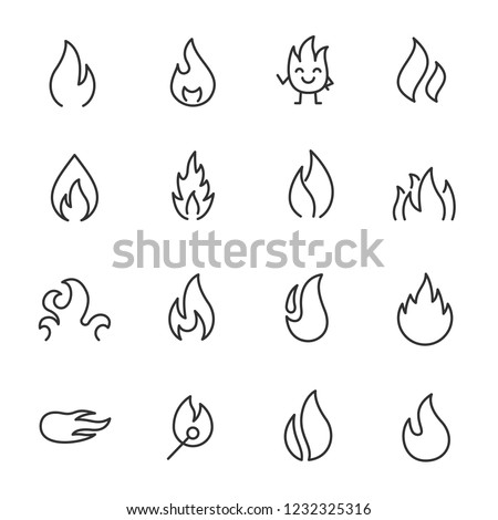 flames, icon set. fire, flame of various shapes, linear icons. Line with editable stroke