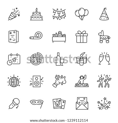 Party, icon set. Celebration, birthday, linear icons. Line with editable stroke