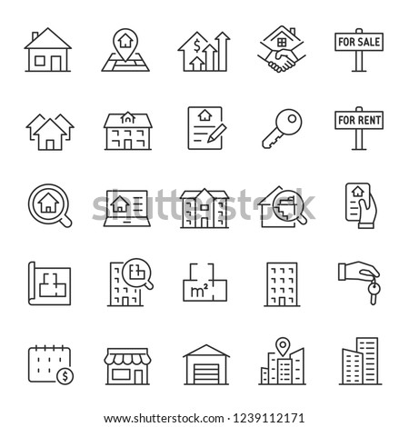 Real estate, icon set. Purchase and sale of housing, rental of premises, linear icons. Line with editable stroke