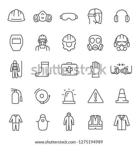 Protection and safety in the workplace, icon set. work area safety, linear icons. Notification and warning of danger. Line with editable stroke