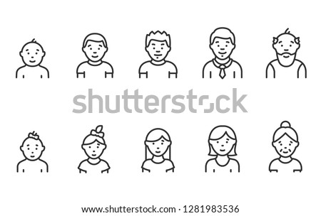 Lifecycle from birth to old age, icon set. People of different ages, male and female, linear icons. Childhood to old age. Line with editable stroke