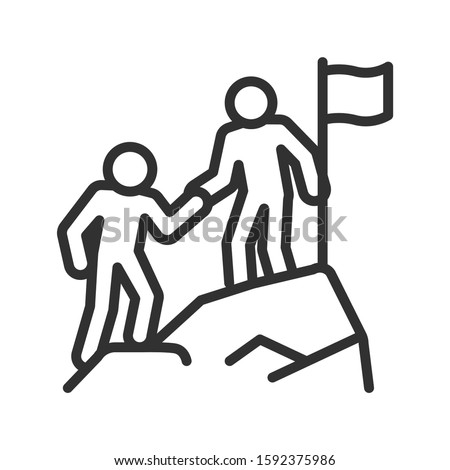 Climbing up, business concept, Man helps another to climb to the top. linear icon. Editable stroke