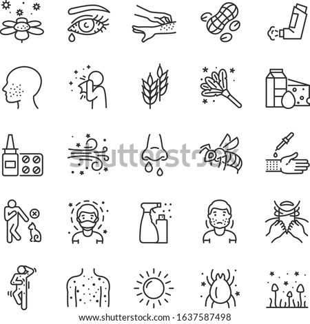 Allergies, allergic diseases, icon set.hypersensitivity of the immune system, linear icons. Allergic reaction to an allergen: food, pollen, dust, etc.Line with editable stroke