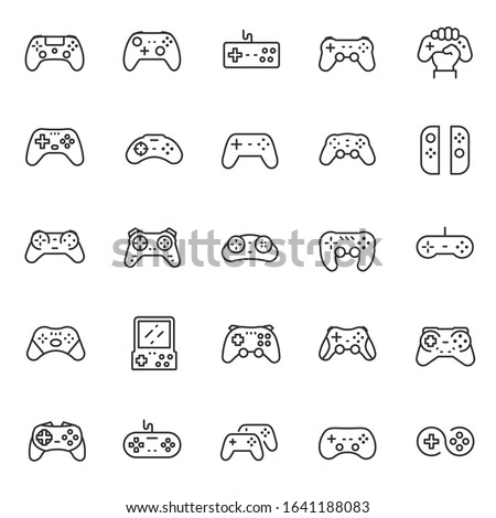 Gamepad, joypad, icon set. Gamepads. Video game controller, linear icons. Line with editable stroke