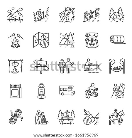 Camping, hiking, icon set. Outdoor leisure and overnight. Attributes for walking, backpacking, linear icons. Line with editable stroke