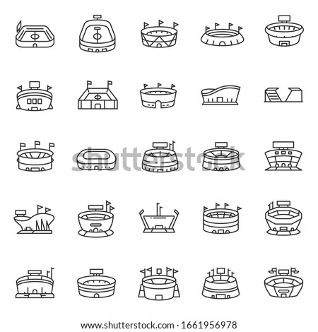 Sports stadium, icon set. Stadiums for athletic and sports events, various forms, linear icons. Line with editable stroke