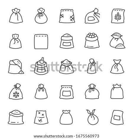 Sack, icon set. Bags with groats, sugar, flour, etc., various shapes, linear icons. Line with editable stroke