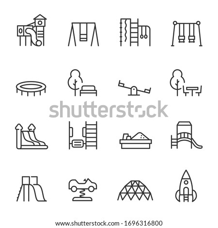 Playground, icon set. Play area for children outdoors, linear icons. Line with editable stroke Stockfoto © 