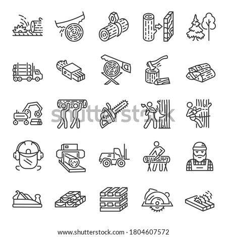 Logging, sawmill, icon set. Lumber, lumberjack, linear icons. Wood production. Line with editable stroke
