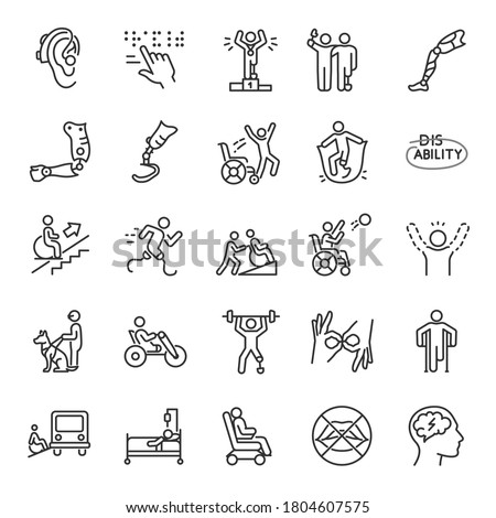 Disability, icon set. disabled people, handicap, physical impairments, assistance, linear icons. Line with editable stroke