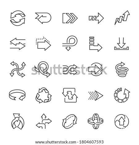 Set of arrows of various shapes.Turn, load, update, circle, reset, recycle, up, etc, linear icons. Line with editable stroke