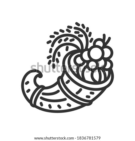 Cornucopia. Horn with seasonal fruits and vegetables, linear icon. Editable stroke