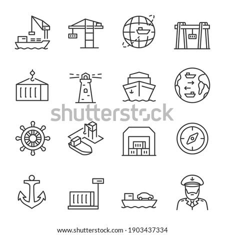 Seaport, icon set. Equipment for the shipping industry. Marine port and freight vessels. Logistic. Line with editable stroke Imagine de stoc © 