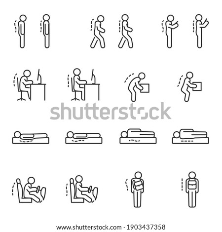 Good posture icon set. Ergonomic. Correct human poses. Line with editable stroke