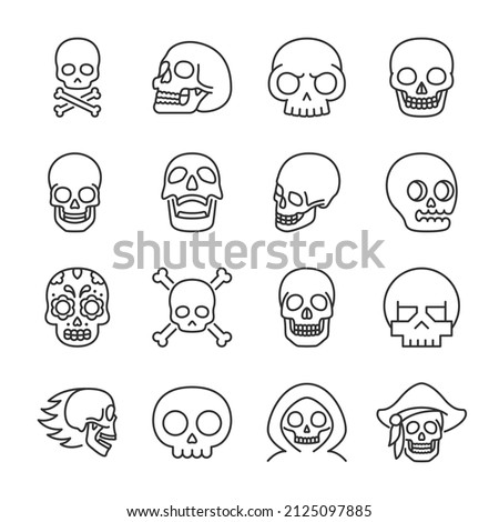 Skulls icons set. Skull of different shape and style. Line with editable stroke