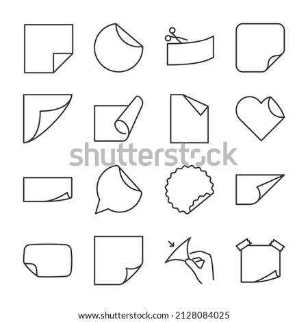 Sticker icons set. Paper with folded corners, label. Line with editable stroke