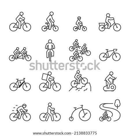 Bicycle, cyclists icons set. Bicycle ride, icon collection. Line with editable stroke