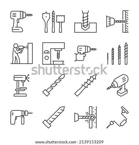 Drill icons set. Drills and drill bits, perforator, icon collection. Application of the tool. Drilling walls and objects. Line with editable stroke