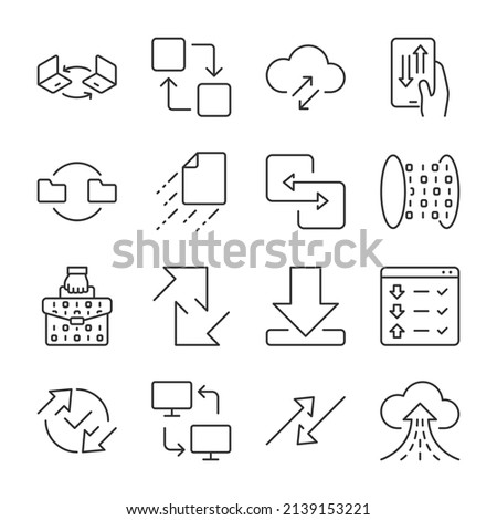 Data transfer icons set. File exchange, icon collection. Line with editable stroke