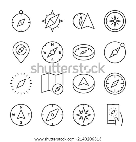 Compass icons set. Navigation equipment, icon collection. Line with editable stroke