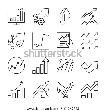 Growth graph icons set. Chart arrow pointing up, stock, income, successful growth, linear icon collection. Line with editable stroke