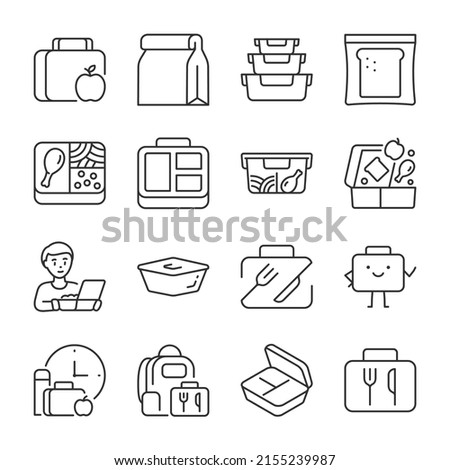 Food in a container icons set. lunchbox. Breakfast, lunch to go. Meals to go. A set of rations for school or work, linear icon collection. Line with editable stroke