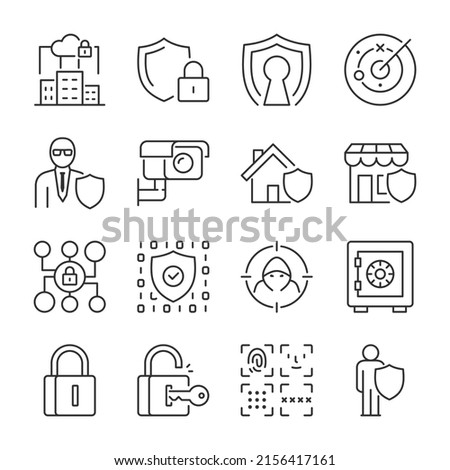 Security and protection system icons set. Digital safety and control, linear icon collection. Line with editable stroke