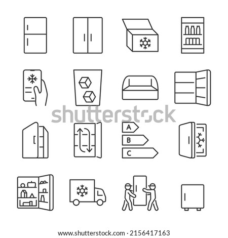 Refrigerator, refrigeration equipment icons set. Refrigerator functions, freezing and storing food at low temperature, linear icon collection. Line with editable stroke