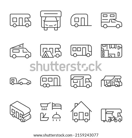 Motorhome icons set. Motor homes on wheels. Different variants of a mobile home with a sleeping place, linear icon collection. Line with editable stroke