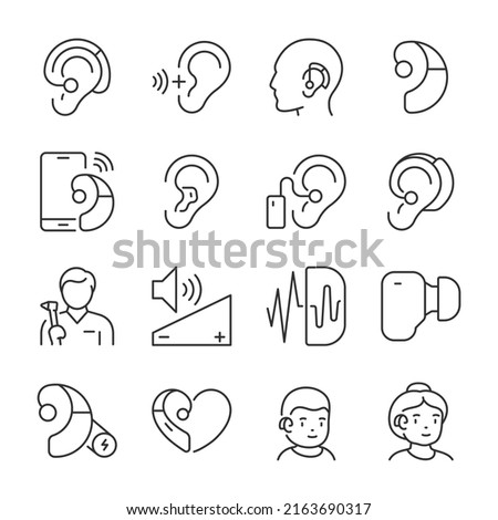 Hearing aid icons set. Volume booster for ears, for the deaf old and young. For better hearing, linear icon collection. Line with editable stroke