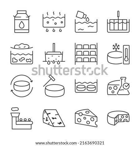 Cheese production icons set. Processes of making cheese. Stages from the raw material to the finished product, linear icon. Pasteurization, mass, pressing, maturation. Line with editable stroke