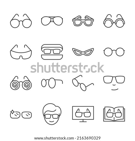 Glasses icons set. Eyewear of various shapes. For reading, accessory, sunglasses. linear icon collection. Line with editable stroke