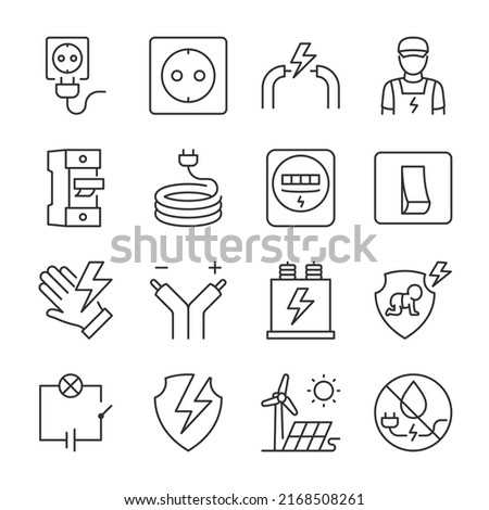 Electricity icons set. Electrician, installation, maintenance and repair of systems, circuit, equipment, linear icon collection. Line with editable stroke