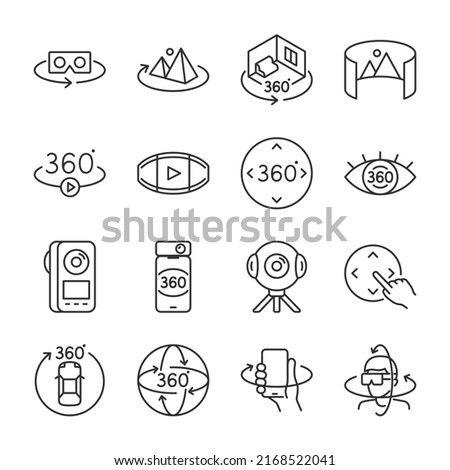 360-degree view icons set. Content and devices for a complete overview of the mordant, vr, ar, linear icon collection. Line with editable stroke