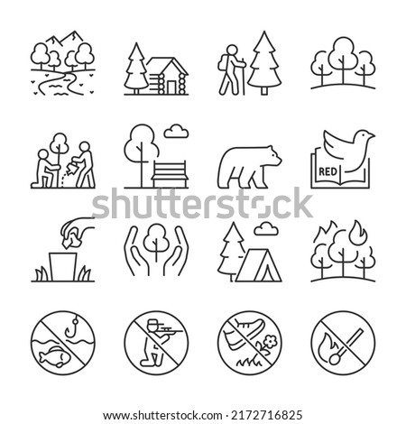 Nature reserve icons set. Nature park. Wildlife refuge, protected ecological area. Resting place with plants, mountains, animals, linear icon collection. Line with editable stroke