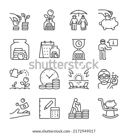 Retirement or pension icons set. Retirement Cash Savings. Old man with money, seniority pay, linear icon collection. Line with editable stroke