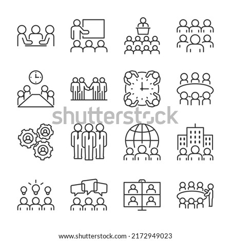 Meeting icons set. Team of employees. Employee meeting. A meeting, a board of directors, a meeting of people and a roundtable discussion, session, linear icon collection. Line with editable stroke