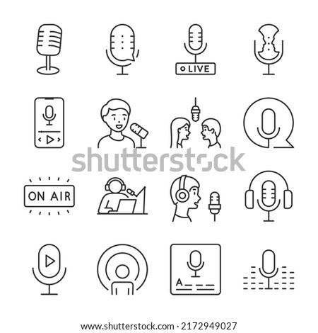 Podcast icons set. Podcasting, Radio format, live communication, Interview, linear icon collection. Line with editable stroke